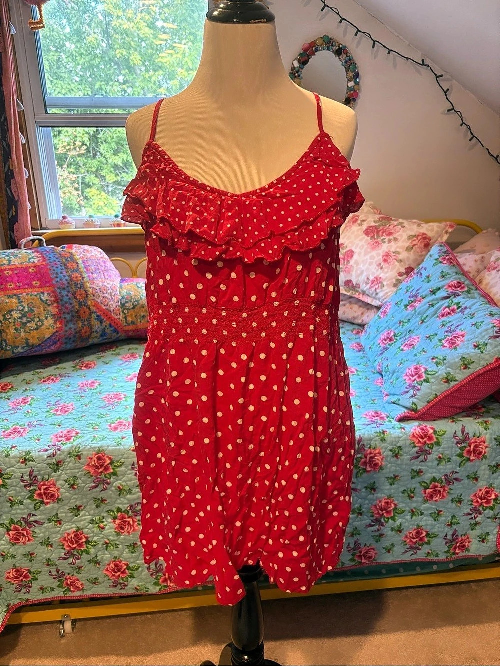 ELLE Sail Away Ruffled Neckline Polka Dot Dress Polka Dot Ruffle Mini Dress Red